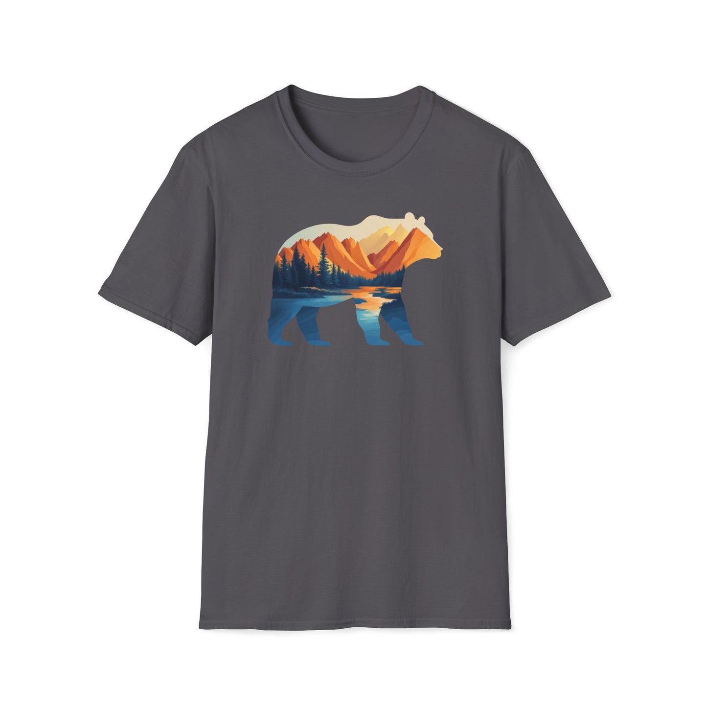 Mountain Bear Graphic T-Shirt - Scenic Sunset Landscape with Forest and Lake - Outdoor Adventure Wildlife Nature Tee