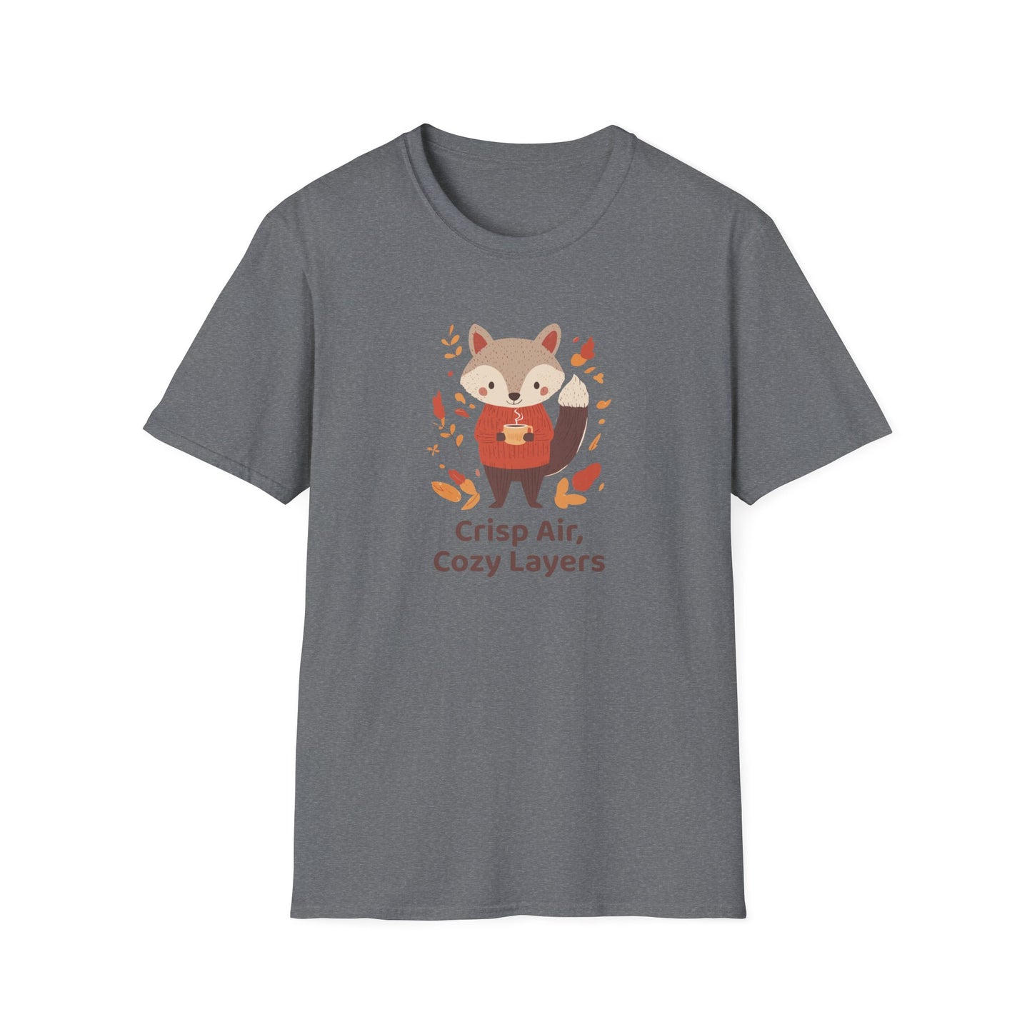 Crisp Air, Cozy Layers T-Shirt | Cute Fox Fall T-Shirt | Cozy Autumn Vibes Tee | Woodland Animal Sweater Shirt | Fall Coffee Lovers Shirt