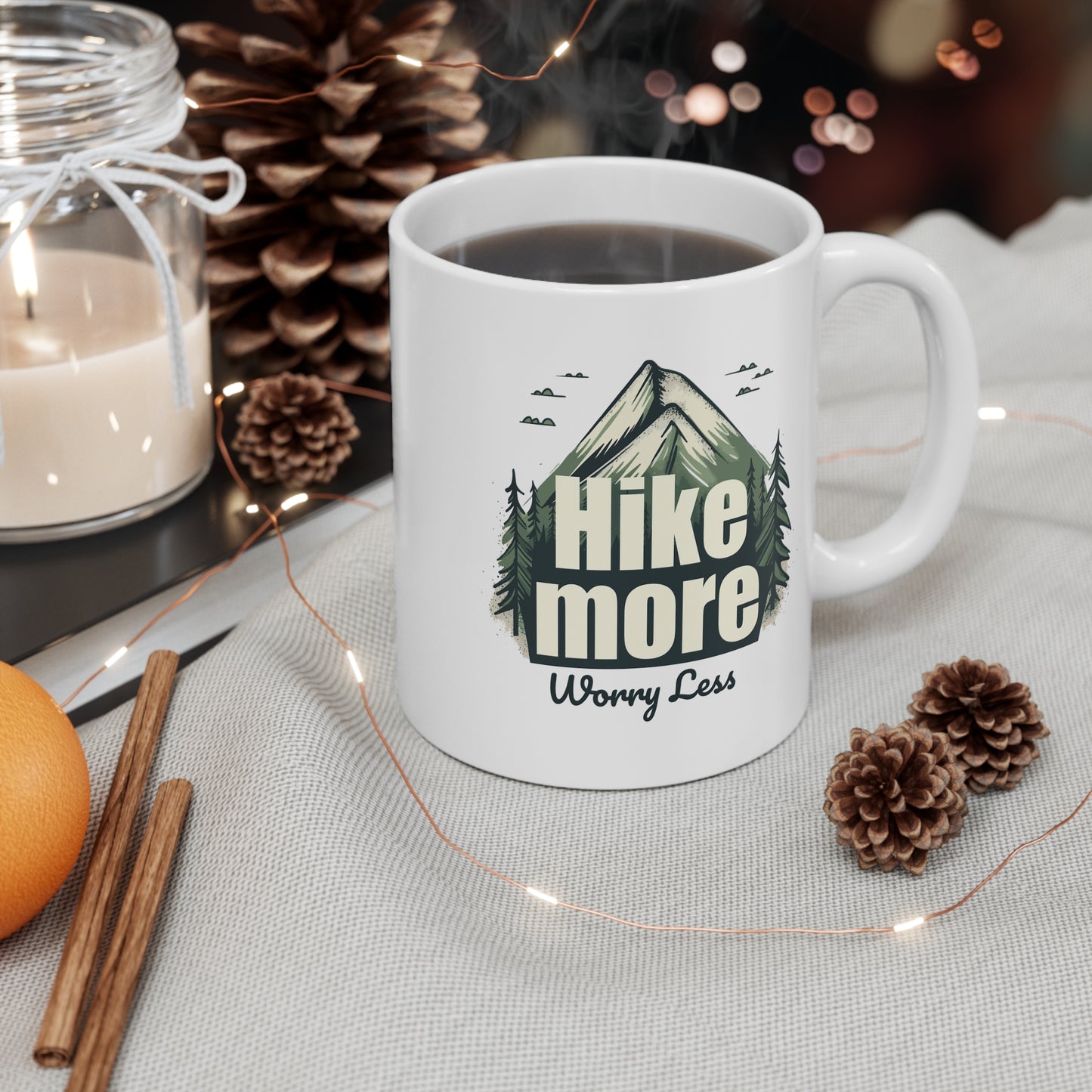 Hike More Worry Less Mug, Nature Inspired Ceramic Coffee Cup, Outdoor Adventure Lover Gift, Hiking Enthusiast Mug, Mountain Design Mug