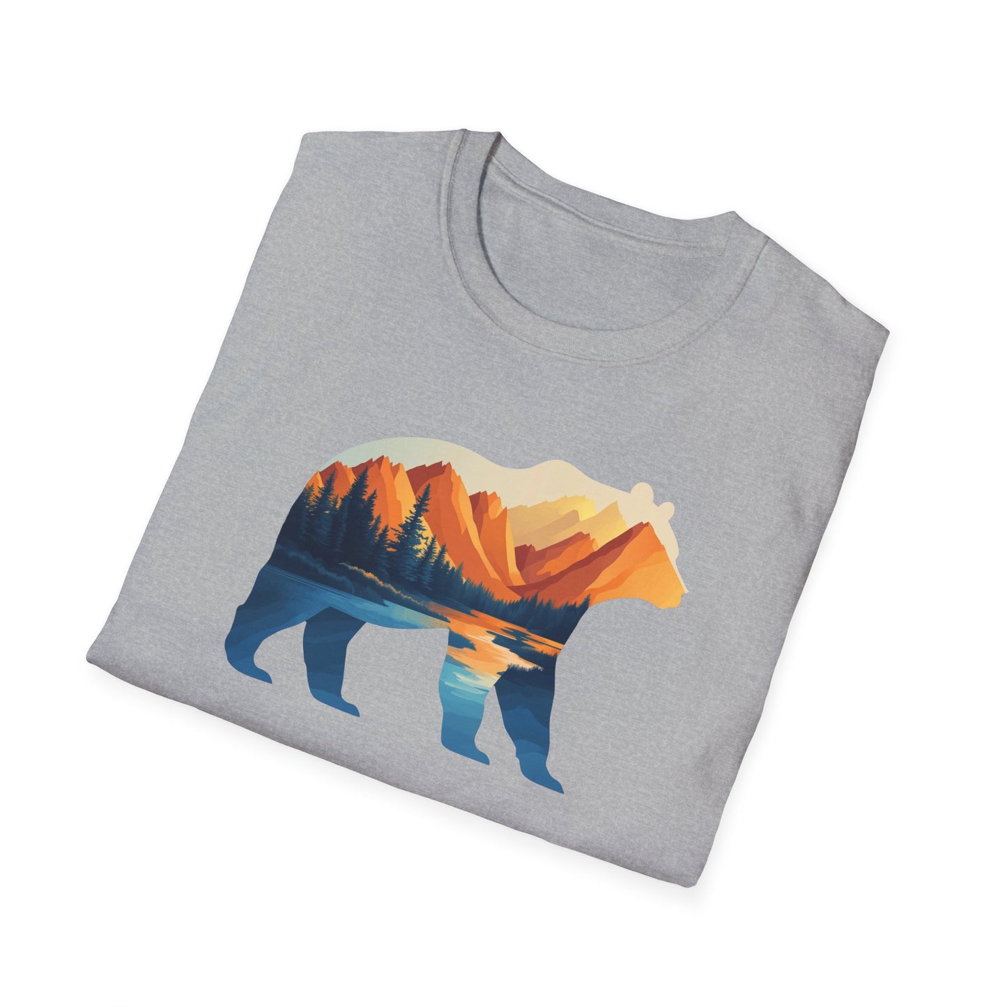 Mountain Bear Graphic T-Shirt - Scenic Sunset Landscape with Forest and Lake - Outdoor Adventure Wildlife Nature Tee