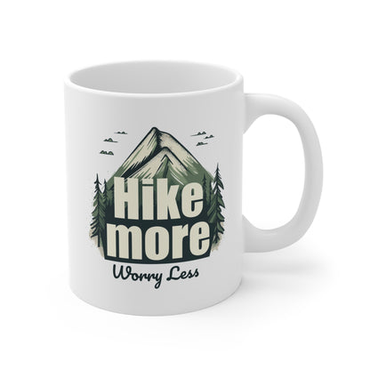 Hike More Worry Less Mug, Nature Inspired Ceramic Coffee Cup, Outdoor Adventure Lover Gift, Hiking Enthusiast Mug, Mountain Design Mug