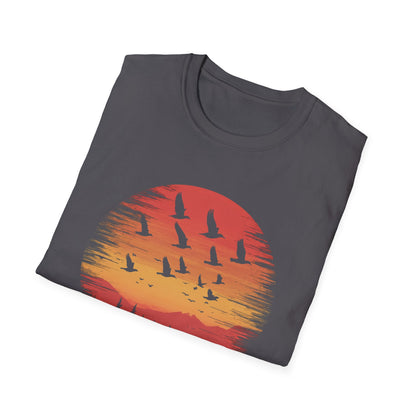 Sunset Flock T-Shirt | Minimalist Nature Design | Outdoors Graphic Tee | Birds Flying Over Forest at Sunset | Perfect for Nature Lovers