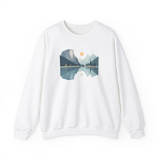 Minimalist Mountain Reflection Sweatshirt - Scenic Nature Landscape Graphic - Hiking and Camping Adventure Wear