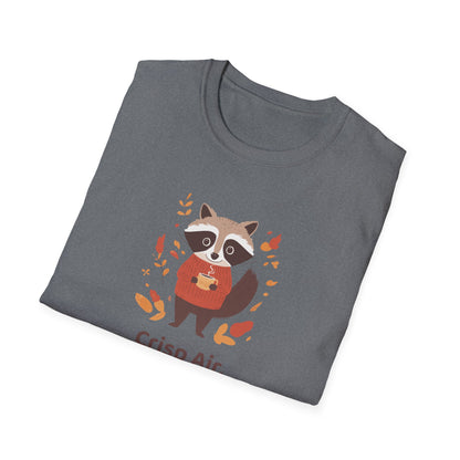 Crisp Air, Cozy Layers T-Shirt | Cute Raccoon T-Shirt | Cozy Autumn Vibes Tee | Woodland Animal Shirt | Fall Coffee Lovers Shirt