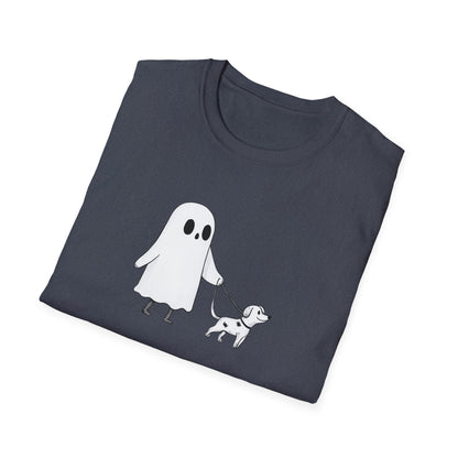 Ghost Walking Dog Unisex T-Shirt, Halloween Tee, Spooky Cute Shirt, Dog Lover Halloween Gift, Minimalistic Ghost Design