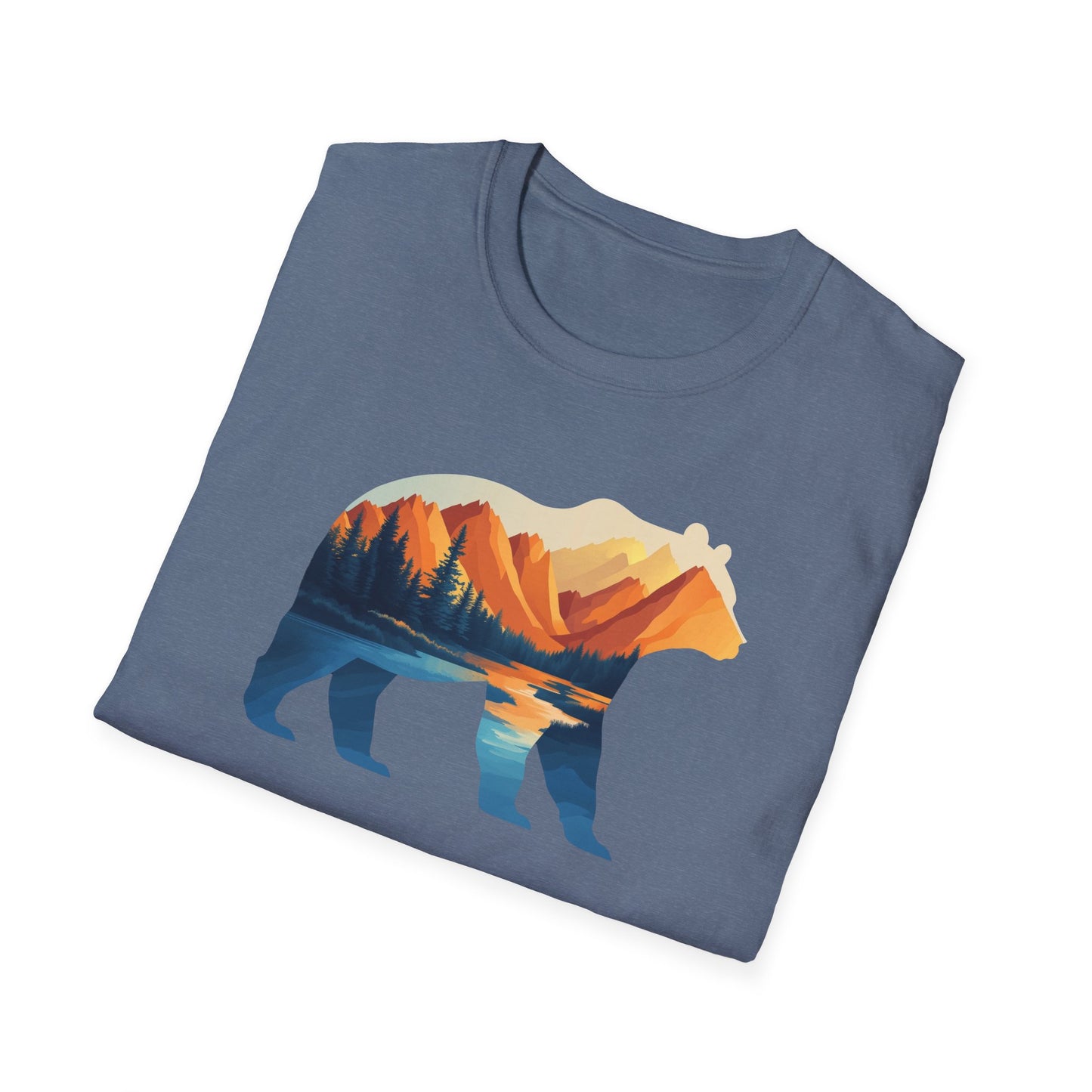 Mountain Bear Graphic T-Shirt - Scenic Sunset Landscape with Forest and Lake - Outdoor Adventure Wildlife Nature Tee