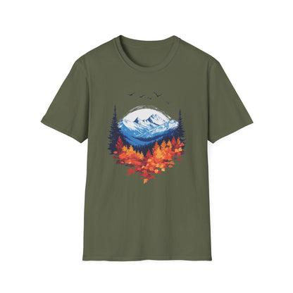 Falling Leaves, Rising Snow T-Shirt, Fall to Winter Transition Tee, Mountain Adventure Shirt, Outdoor Lovers Gift