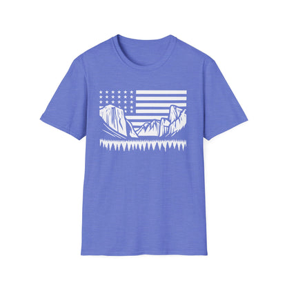 Patriotic Yosemite Mountain T-Shirt - American Flag Outdoor Graphic Tee - Nature Lover's Hiking Shirt - Perfect for 2024 Election Season