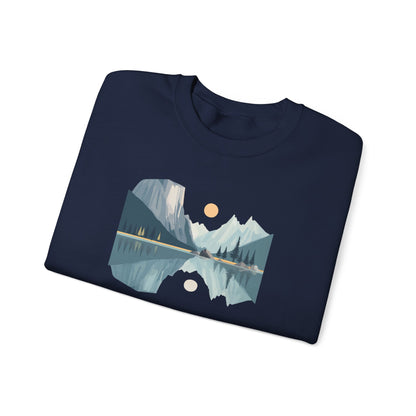 Minimalist Mountain Reflection Sweatshirt - Scenic Nature Landscape Graphic - Hiking and Camping Adventure Wear