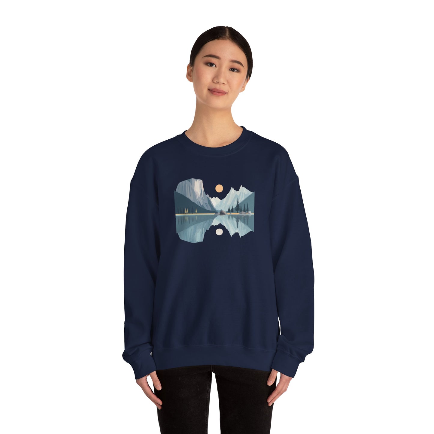 Minimalist Mountain Reflection Sweatshirt - Scenic Nature Landscape Graphic - Hiking and Camping Adventure Wear