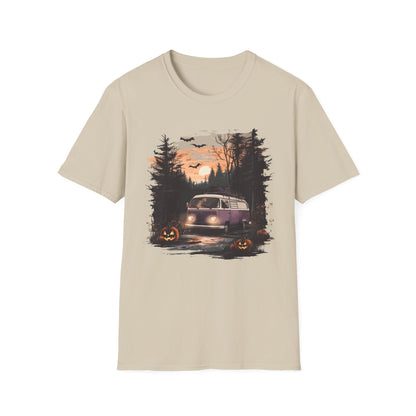 Halloween Van Life T-Shirt | Spooky Camper Van in Haunted Forest | Adventure Gift for Van Life Lovers and Campers