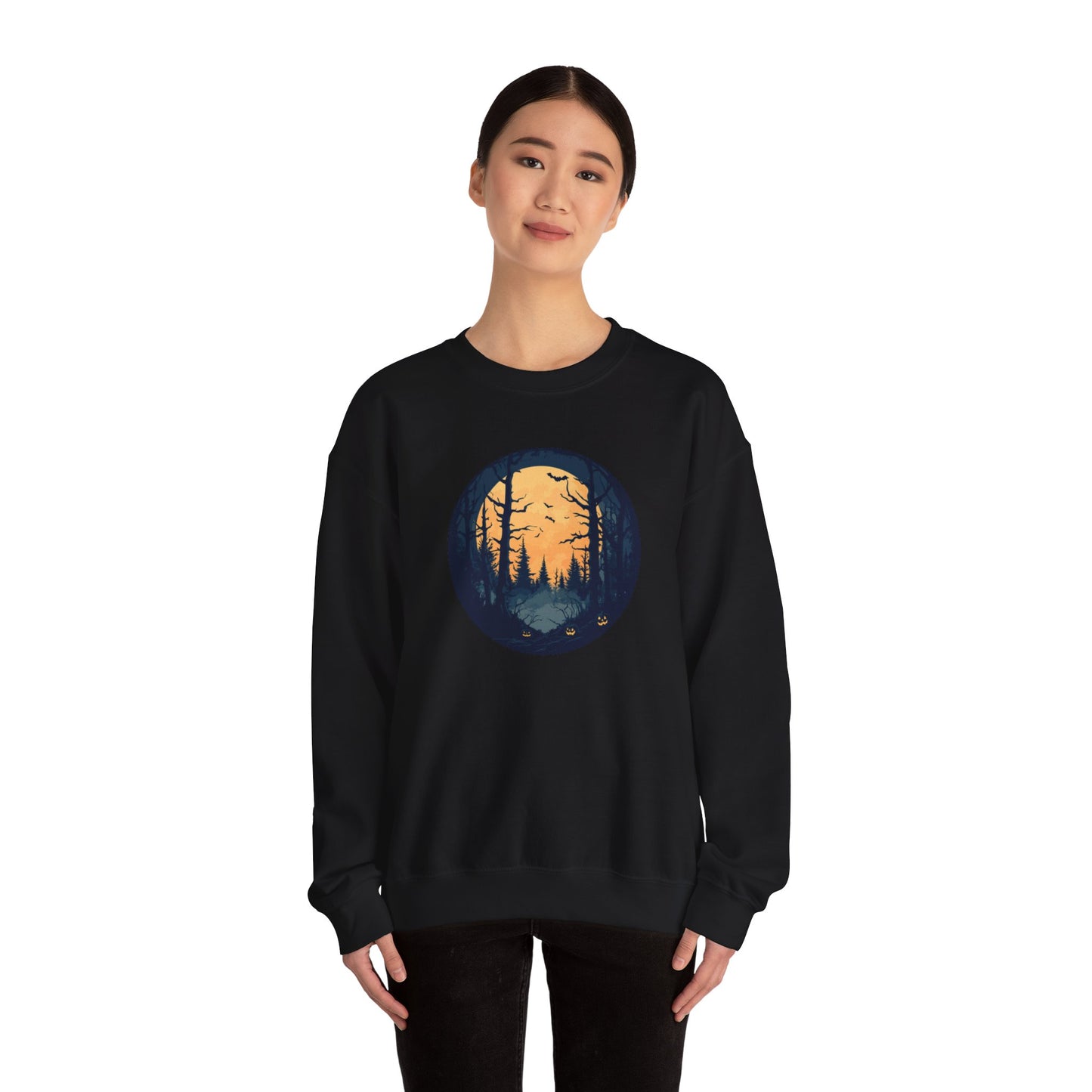 Haunted Forest Halloween Sweatshirt - Spooky Sunset Scene with Jack-o'-Lanterns and Bats - Outdoor Nature Themed Halloween Apparel