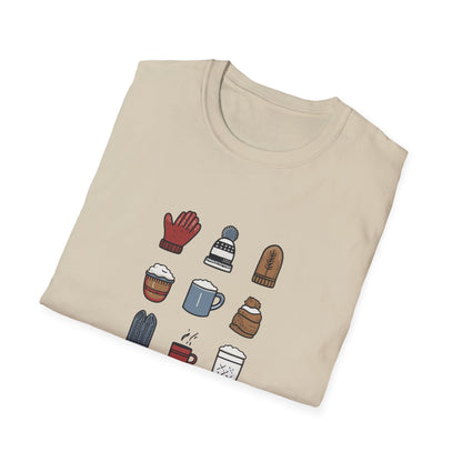 Cozy Season Essentials T-Shirt | Winter Holiday Tee | Cute Minimalist Shirt | Cozy Gift for Her | Hot Cocoa, Mittens, Beanies