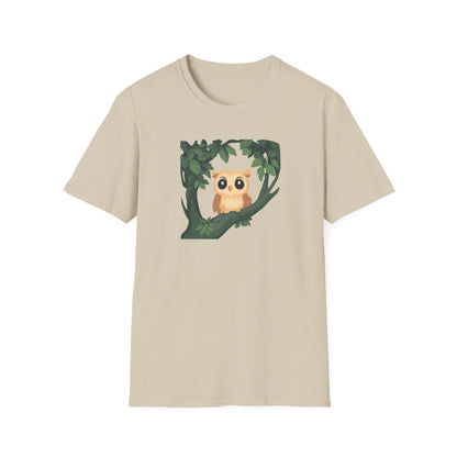 Cartoon Owl Perched on Branch T-Shirt | Cute Woodland Animal Graphic Tee | Perfect for Nature Lovers, Birdwatchers, and Outdoor Enthusiasts