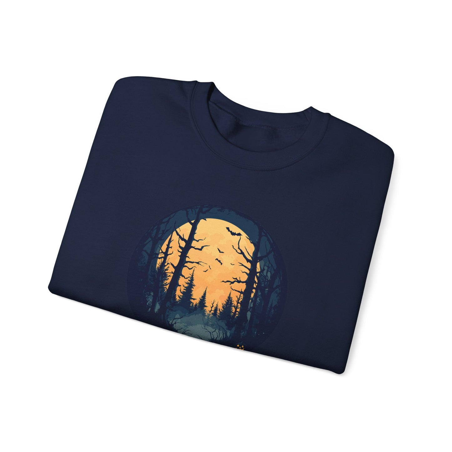 Haunted Forest Halloween Sweatshirt - Spooky Sunset Scene with Jack-o'-Lanterns and Bats - Outdoor Nature Themed Halloween Apparel