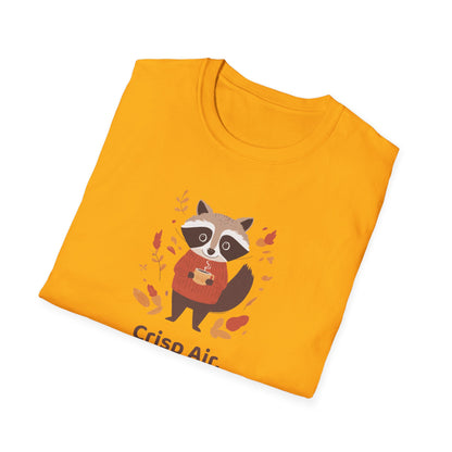 Crisp Air, Cozy Layers T-Shirt | Cute Raccoon T-Shirt | Cozy Autumn Vibes Tee | Woodland Animal Shirt | Fall Coffee Lovers Shirt