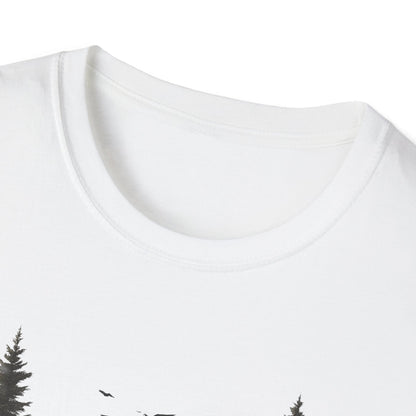 Dark Moody Forest Path T-Shirt - Artistic Pine Trees and Birds Design - Nature Adventure Outdoor Tee