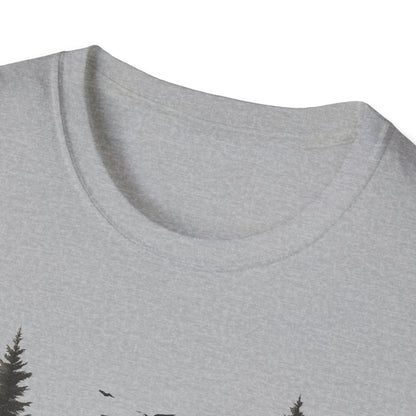 Dark Moody Forest Path T-Shirt - Artistic Pine Trees and Birds Design - Nature Adventure Outdoor Tee