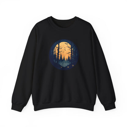 Haunted Forest Halloween Sweatshirt - Spooky Sunset Scene with Jack-o'-Lanterns and Bats - Outdoor Nature Themed Halloween Apparel