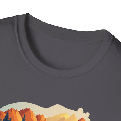 Mountain Bear Graphic T-Shirt - Scenic Sunset Landscape with Forest and Lake - Outdoor Adventure Wildlife Nature Tee