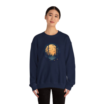 Haunted Forest Halloween Sweatshirt - Spooky Sunset Scene with Jack-o'-Lanterns and Bats - Outdoor Nature Themed Halloween Apparel