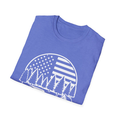 Patriotic Camping T-Shirt - American Flag Outdoor Graphic Tee - Nature Lover's Hiking Shirt - Perfect for 2024 Election Season