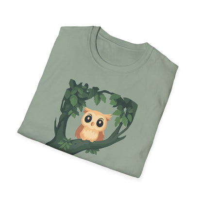 Cartoon Owl Perched on Branch T-Shirt | Cute Woodland Animal Graphic Tee | Perfect for Nature Lovers, Birdwatchers, and Outdoor Enthusiasts