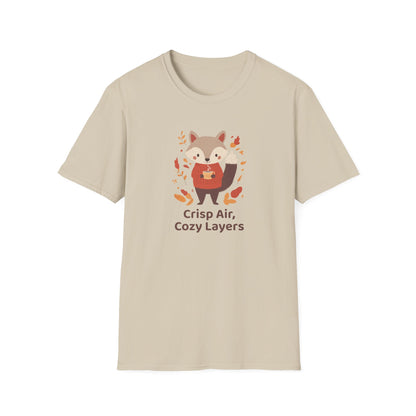 Crisp Air, Cozy Layers T-Shirt | Cute Fox Fall T-Shirt | Cozy Autumn Vibes Tee | Woodland Animal Sweater Shirt | Fall Coffee Lovers Shirt