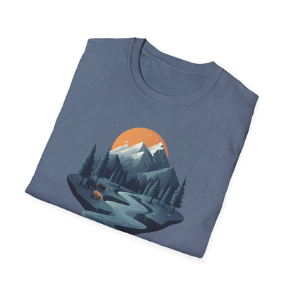 Mountain Sunset Isometric Landscape T-Shirt, Nature Scene Tee, Wilderness Hiking Shirt, Outdoor Adventure Top, Wildlife Graphic Tee