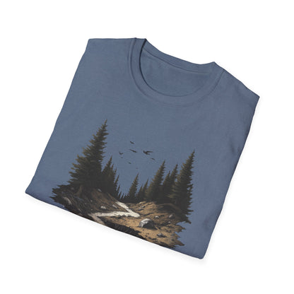 Dark Moody Forest Path T-Shirt - Artistic Pine Trees and Birds Design - Nature Adventure Outdoor Tee