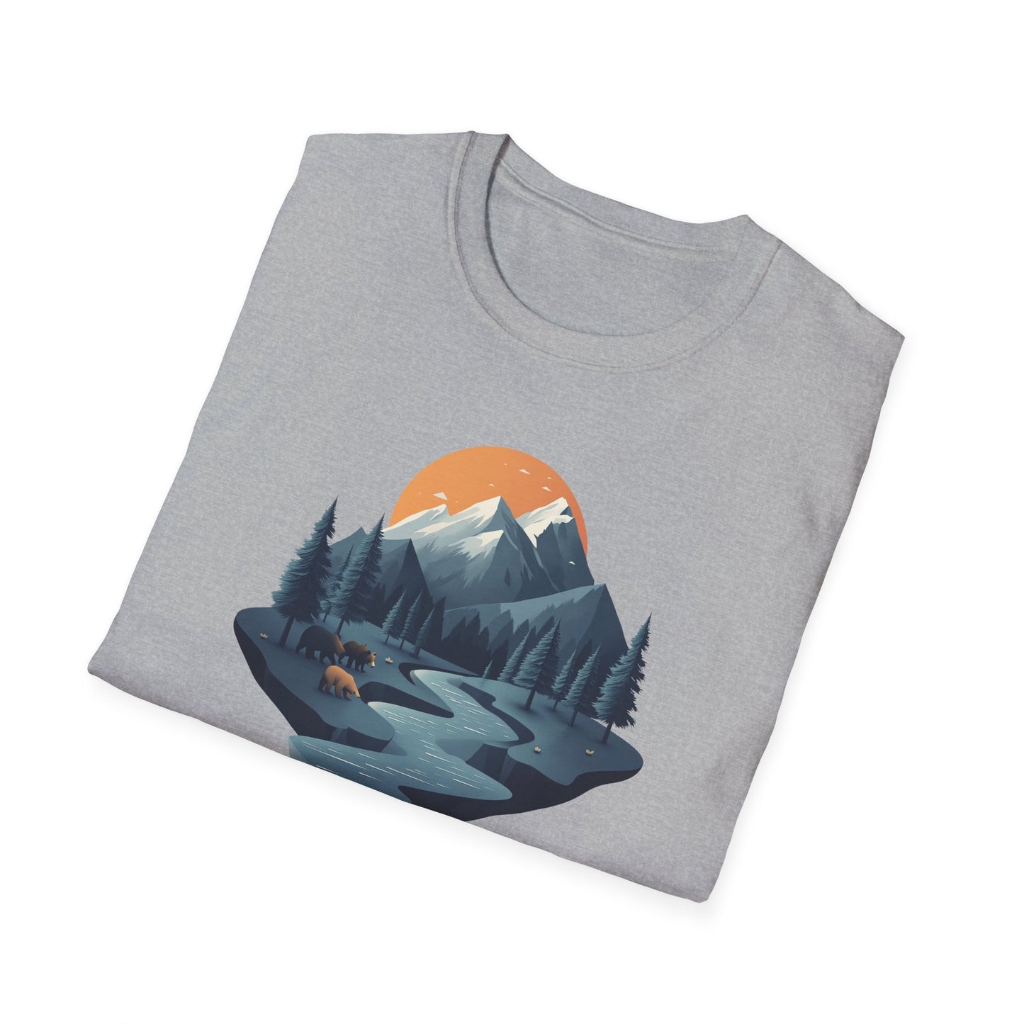 Mountain Sunset Isometric Landscape T-Shirt, Nature Scene Tee, Wilderness Hiking Shirt, Outdoor Adventure Top, Wildlife Graphic Tee