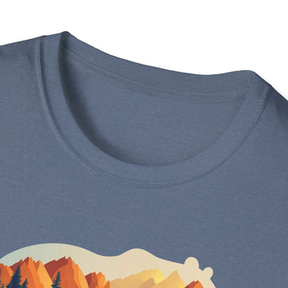 Mountain Bear Graphic T-Shirt - Scenic Sunset Landscape with Forest and Lake - Outdoor Adventure Wildlife Nature Tee