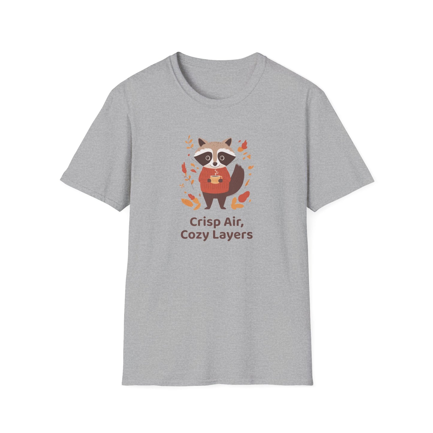 Crisp Air, Cozy Layers T-Shirt | Cute Raccoon T-Shirt | Cozy Autumn Vibes Tee | Woodland Animal Shirt | Fall Coffee Lovers Shirt