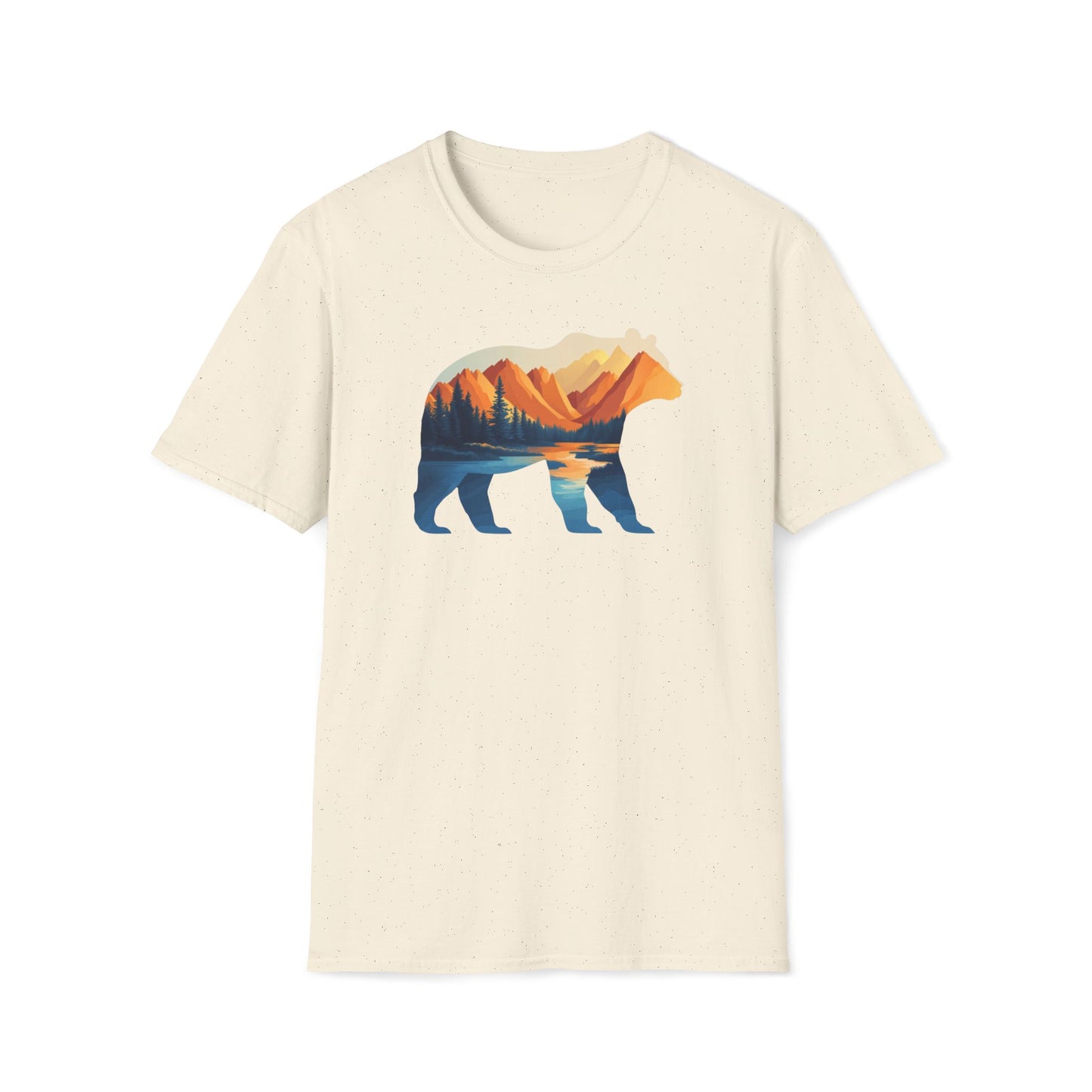 Mountain Bear Graphic T-Shirt - Scenic Sunset Landscape with Forest and Lake - Outdoor Adventure Wildlife Nature Tee