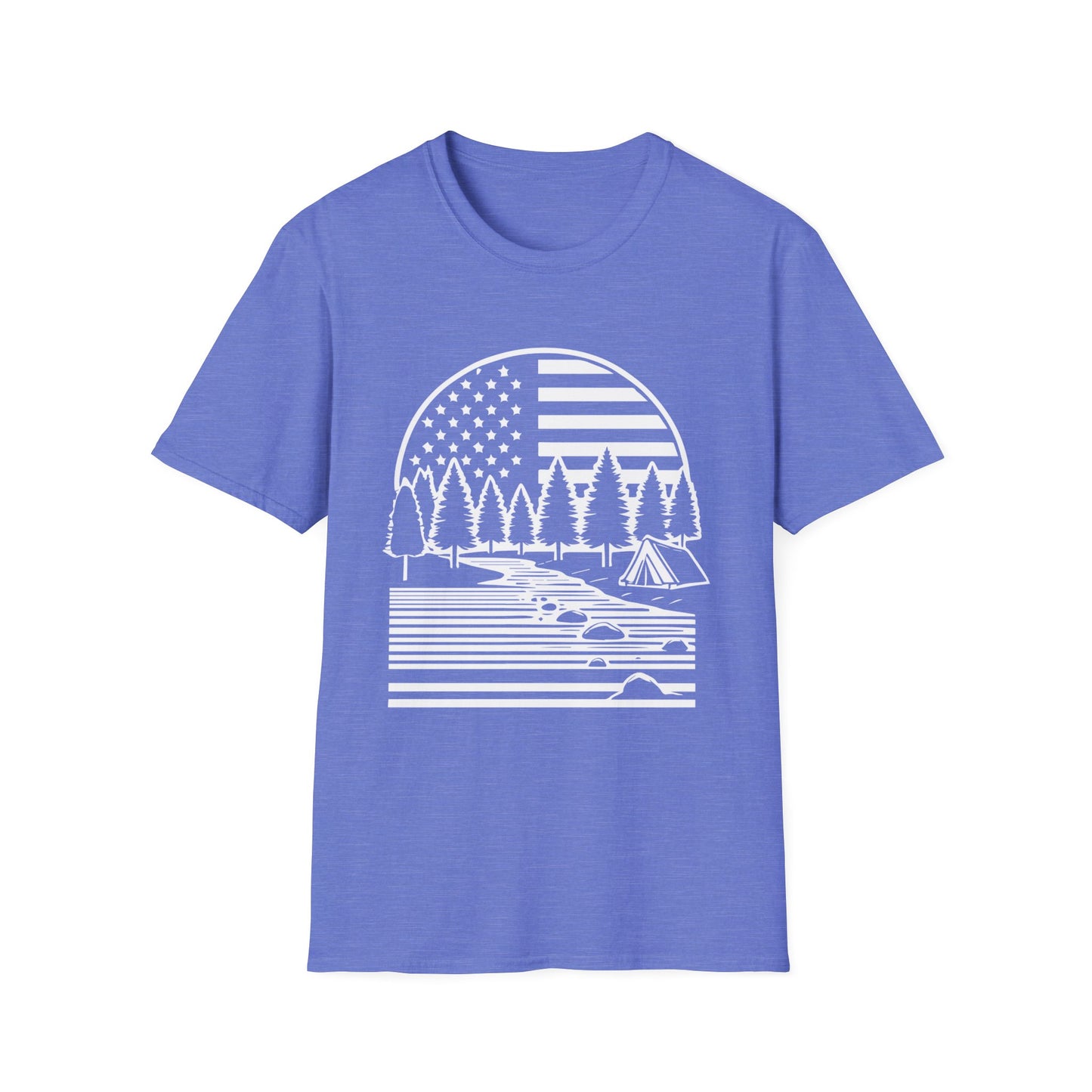 Patriotic Camping T-Shirt - American Flag Outdoor Graphic Tee - Nature Lover's Hiking Shirt - Perfect for 2024 Election Season