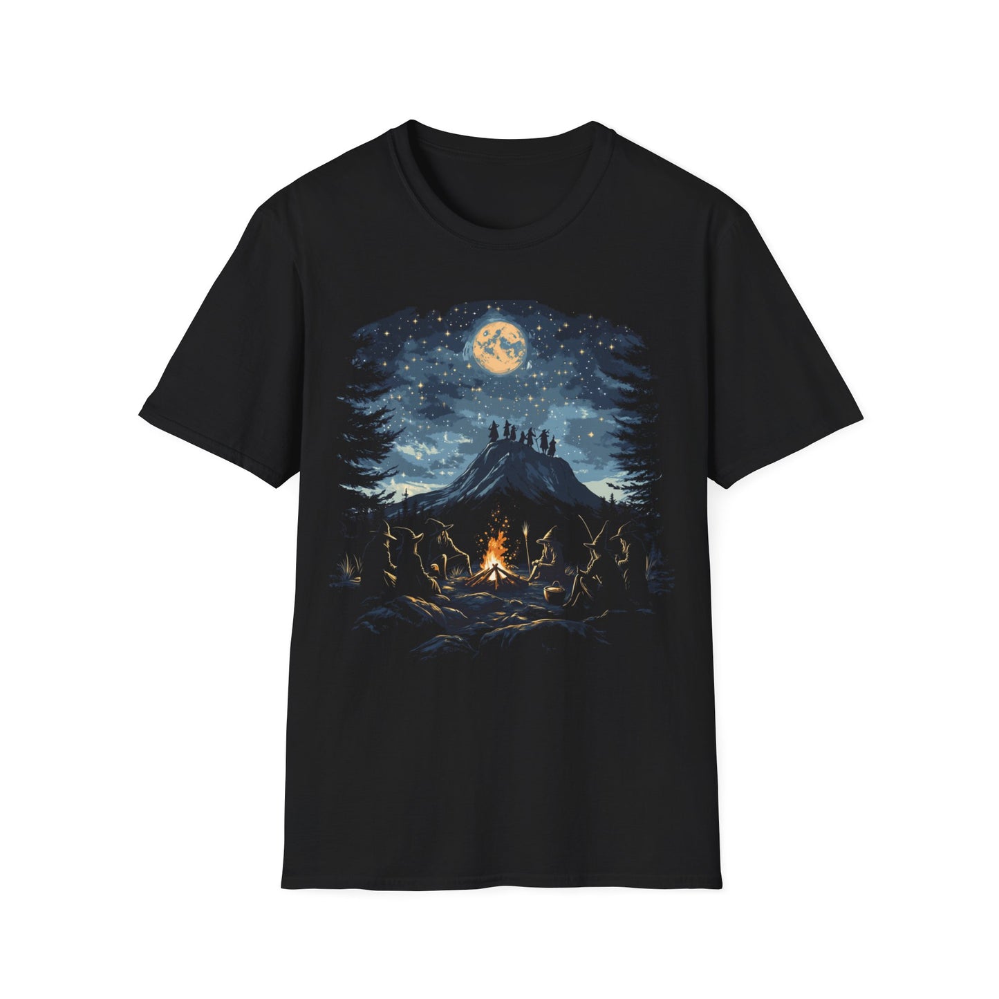 Witches Halloween Mountain Gathering T-Shirt - Full Moon Campfire Scene - Spooky Outdoor Adventure Tee