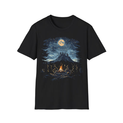 Witches Halloween Mountain Gathering T-Shirt - Full Moon Campfire Scene - Spooky Outdoor Adventure Tee