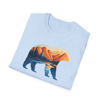 Mountain Bear Graphic T-Shirt - Scenic Sunset Landscape with Forest and Lake - Outdoor Adventure Wildlife Nature Tee