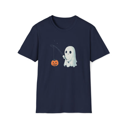 Cute Ghost Fishing T-Shirt for Halloween, Adorable Halloween Ghost Shirt, Fall Festive Ghost Tee, Cartoon Style Tee with Jack-O'-Lantern,