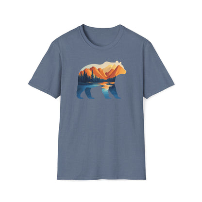 Mountain Bear Graphic T-Shirt - Scenic Sunset Landscape with Forest and Lake - Outdoor Adventure Wildlife Nature Tee