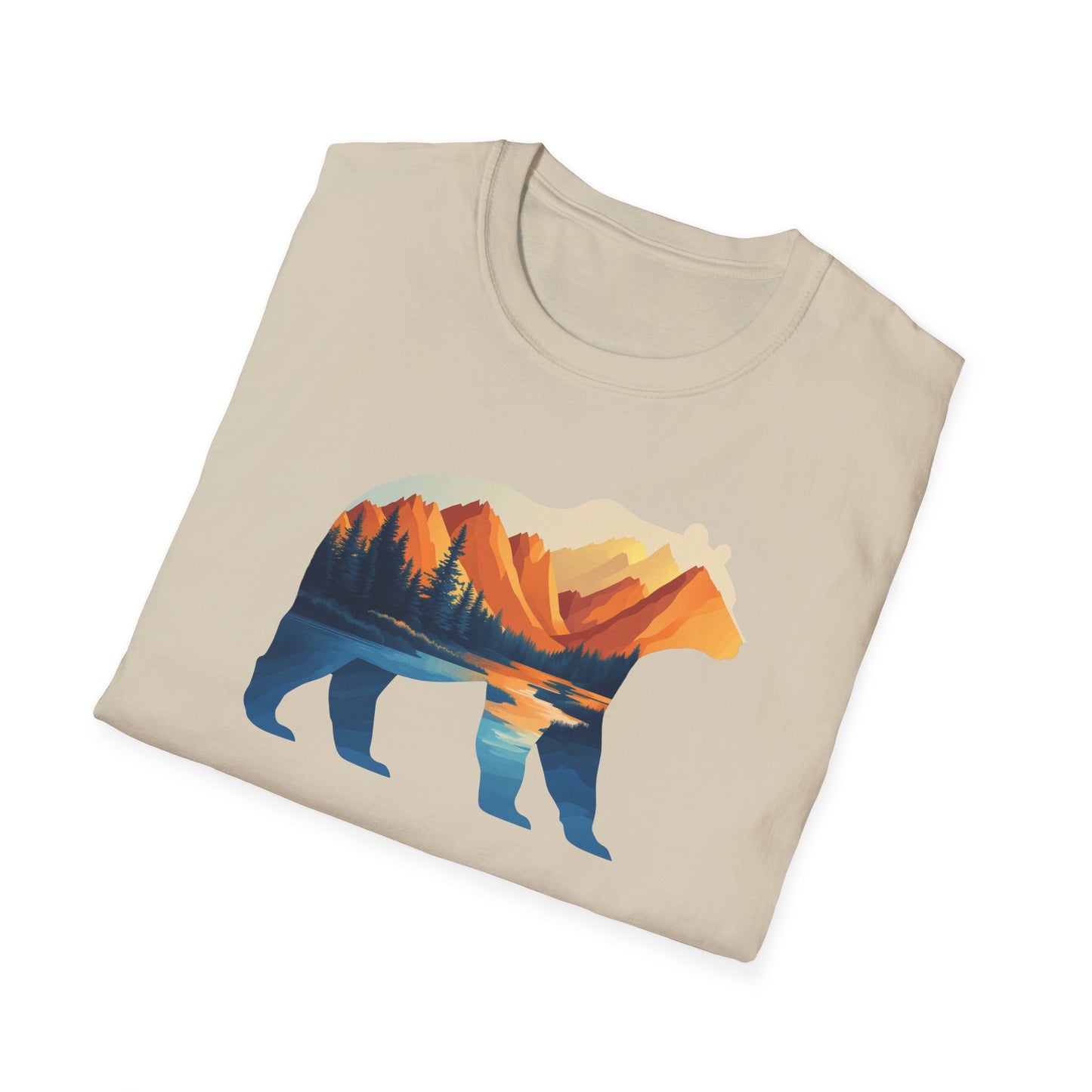 Mountain Bear Graphic T-Shirt - Scenic Sunset Landscape with Forest and Lake - Outdoor Adventure Wildlife Nature Tee