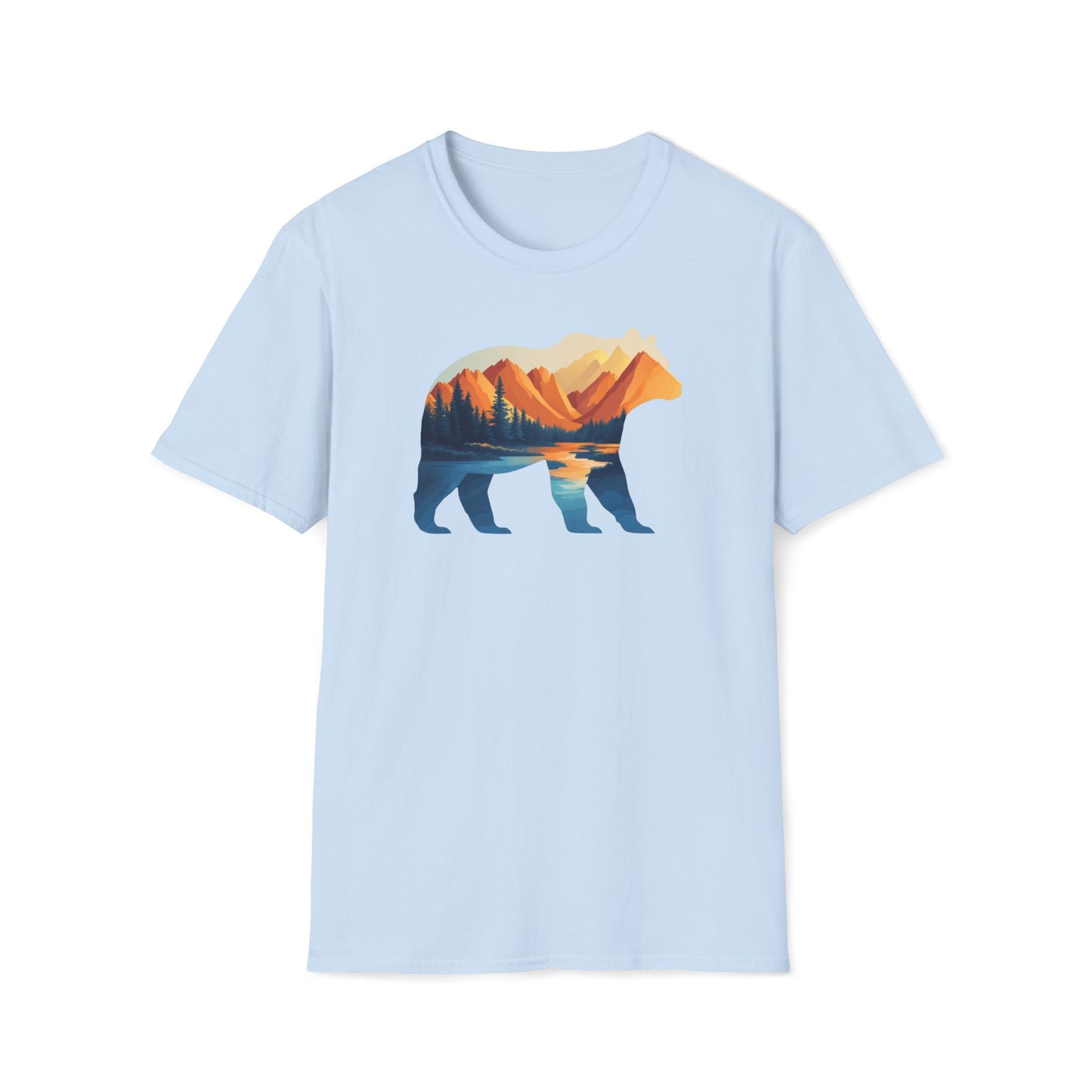 Mountain Bear Graphic T-Shirt - Scenic Sunset Landscape with Forest and Lake - Outdoor Adventure Wildlife Nature Tee