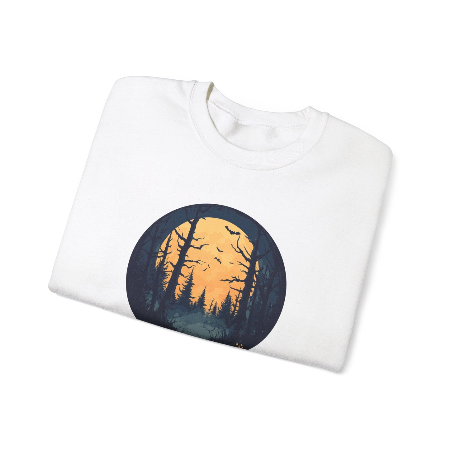 Haunted Forest Halloween Sweatshirt - Spooky Sunset Scene with Jack-o'-Lanterns and Bats - Outdoor Nature Themed Halloween Apparel