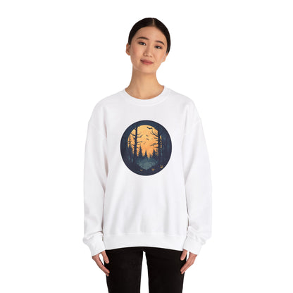 Haunted Forest Halloween Sweatshirt - Spooky Sunset Scene with Jack-o'-Lanterns and Bats - Outdoor Nature Themed Halloween Apparel