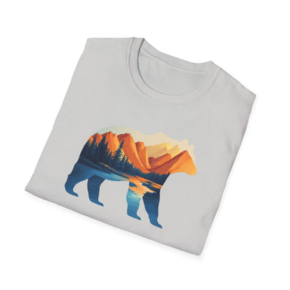 Mountain Bear Graphic T-Shirt - Scenic Sunset Landscape with Forest and Lake - Outdoor Adventure Wildlife Nature Tee