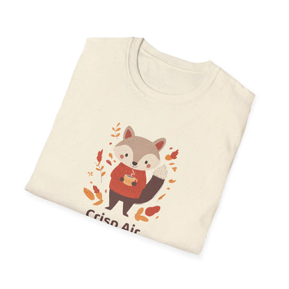 Crisp Air, Cozy Layers T-Shirt | Cute Fox Fall T-Shirt | Cozy Autumn Vibes Tee | Woodland Animal Sweater Shirt | Fall Coffee Lovers Shirt