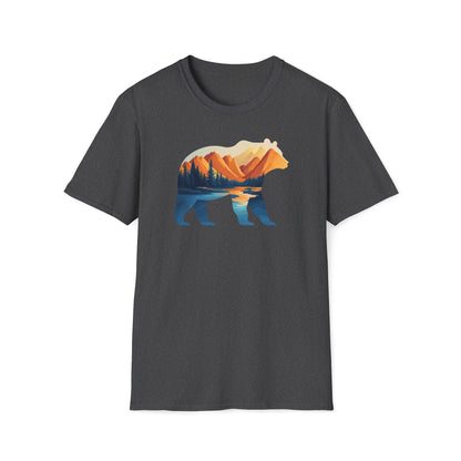 Mountain Bear Graphic T-Shirt - Scenic Sunset Landscape with Forest and Lake - Outdoor Adventure Wildlife Nature Tee