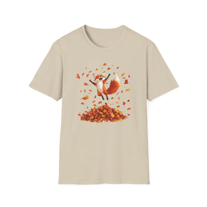 Fox Jumping in Autumn Leaves T-Shirt | Cute Fall Graphic Tee | Cozy Seasonal Shirt for Nature Lovers | Perfect Autumn Apparel Gift