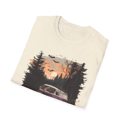 Halloween Van Life T-Shirt | Spooky Camper Van in Haunted Forest | Adventure Gift for Van Life Lovers and Campers