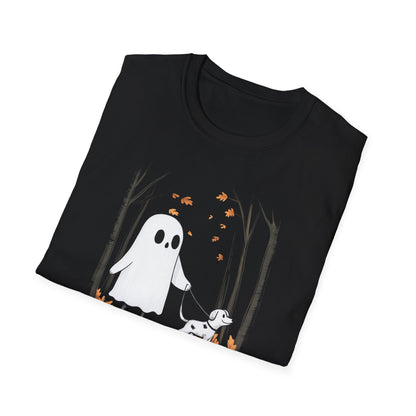 Ghost Walking Dog Forest Unisex T-Shirt, Halloween Tee, Fall Vibes, Spooky Cute Shirt, Dog Mom Halloween Gift, Minimalistic Ghost Design